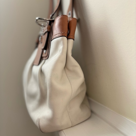 Coach Off-White and Tan Leather Double Strap Satchel Bag - Picture 3 of 11